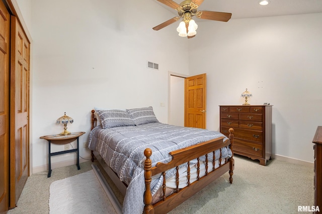 131 Lakeside Pl, Dahinda, IL 61428 - bedroom featuring light colored carpet, baseboards, a towering ceiling, a ceiling fan, and recessed lighting