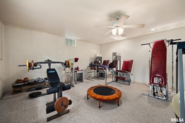 131 Lakeside Pl, Dahinda, IL 61428 - exercise area with ceiling fan, brick wall, carpet, and baseboards