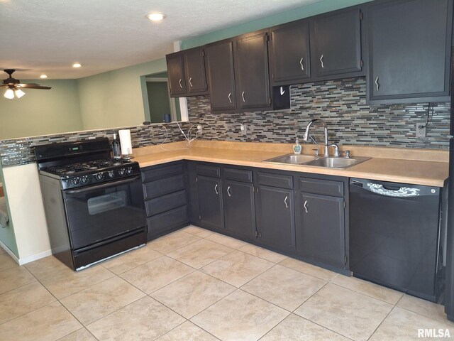 1907 Chicory Rd, Pekin, IL 61554 - kitchen with black appliances, a sink, a ceiling fan, tasteful backsplash, and light countertops