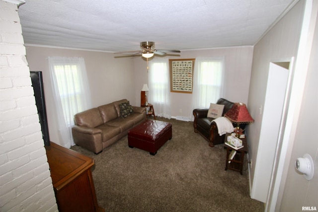 14701 N Old Galena Rd, Chillicothe, IL 61523 - living area featuring a ceiling fan, carpet flooring, and ornamental molding