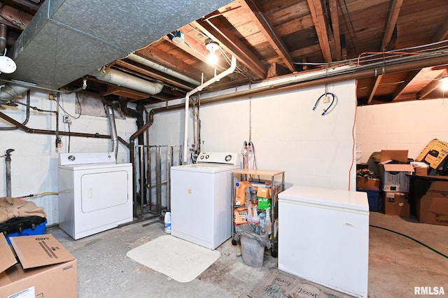 1202 W Purtscher Dr, Peoria, IL 61614 - unfinished basement featuring washer and clothes dryer, white fridge, and concrete block wall