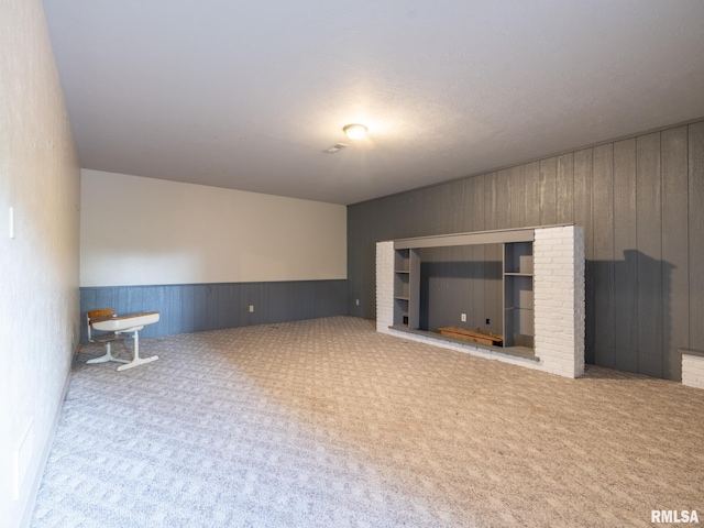 26620 Schuck Rd, Washington, IL 61571 - unfurnished living room featuring carpet flooring, wainscoting, and wooden walls