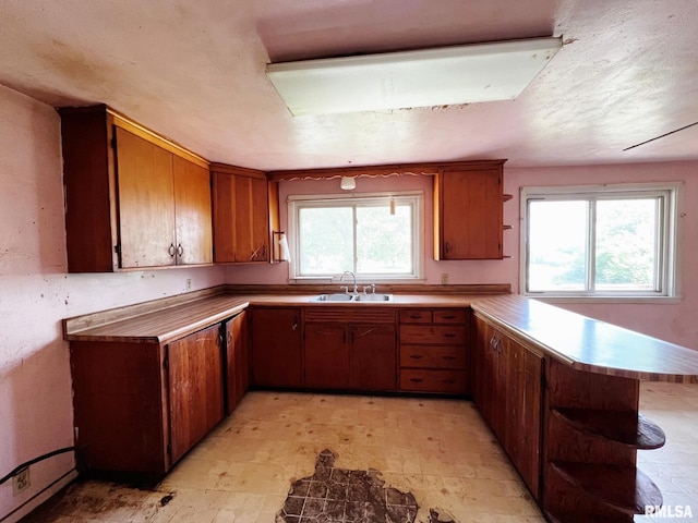 9333 S Powell Rd, Peoria, IL 61607 - kitchen featuring a peninsula, a sink, open shelves, brown cabinetry, and plenty of natural light