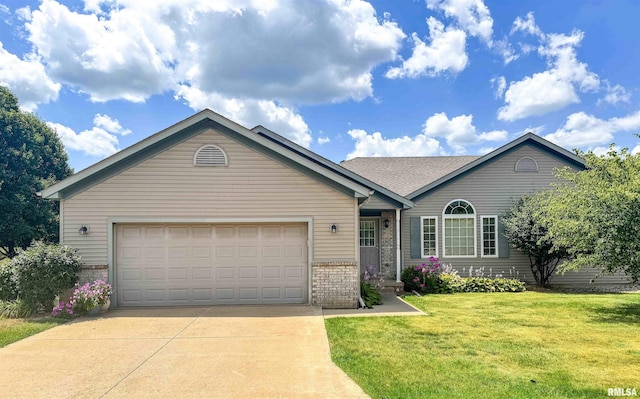 1920 W Jubilee Ln, Dunlap, IL 61525 - ranch-style home with brick siding, concrete driveway, an attached garage, and a front yard