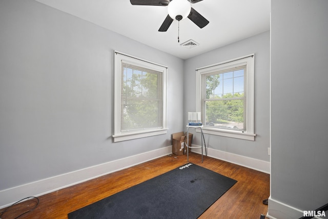 1006 N Maplewood Ave, Peoria, IL 61606 - workout room with wood finished floors, baseboards, and ceiling fan