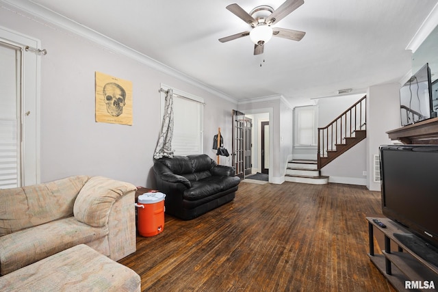 1006 N Maplewood Ave, Peoria, IL 61606 - living room featuring stairs, ceiling fan, wood finished floors, crown molding, and baseboards