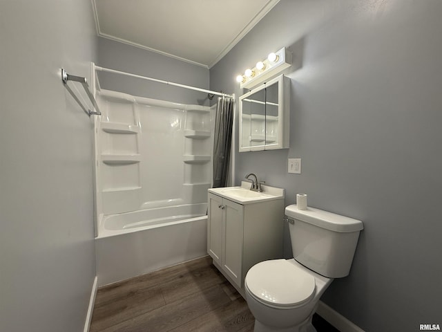 210 Minch St, South Pekin, IL 61564 - bathroom featuring ornamental molding, wood finished floors, vanity, shower / bath combination with curtain, and toilet