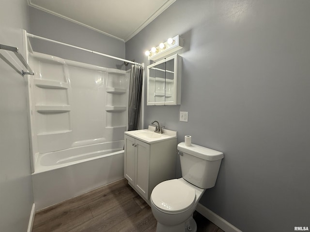 210 Minch St, South Pekin, IL 61564 - full bath featuring crown molding, wood finished floors, vanity, shower / bath combo with shower curtain, and toilet