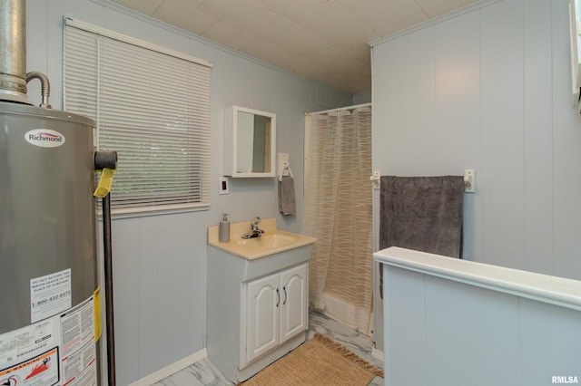 153 Hollywood Cir, Creve Coeur, IL 61610 - full bathroom featuring water heater, marble look tiles, vanity, and curtained shower