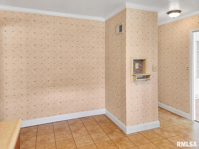 419 S Franklin St, Toulon, IL 61483 - tiled spare room featuring crown molding, baseboards, and wallpapered walls