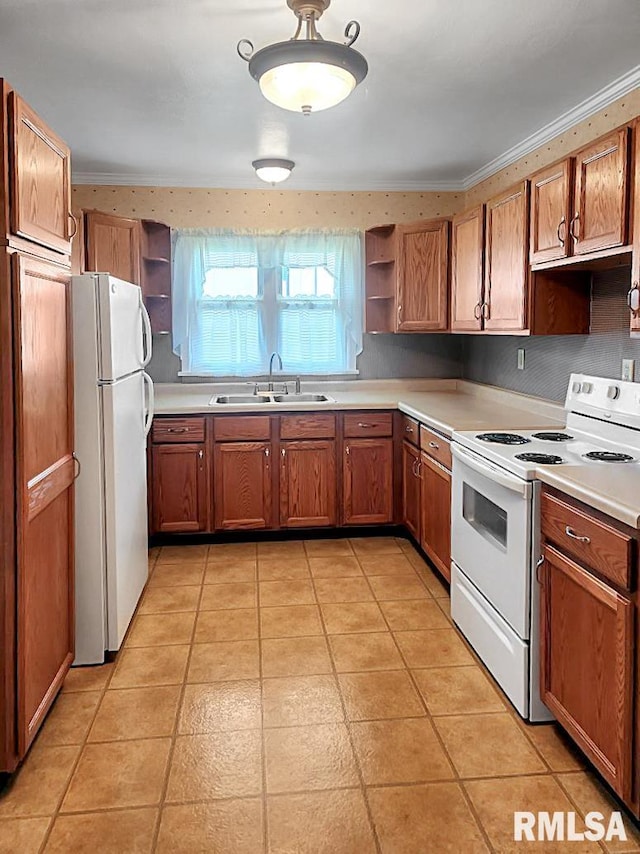419 S Franklin St, Toulon, IL 61483 - kitchen with white appliances, open shelves, a sink, brown cabinetry, and light countertops
