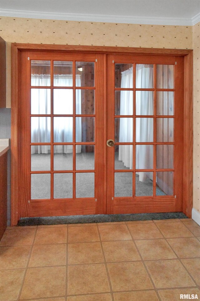 419 S Franklin St, Toulon, IL 61483 - entryway featuring french doors, ornamental molding, and wallpapered walls