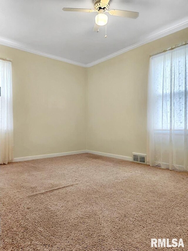 419 S Franklin St, Toulon, IL 61483 - unfurnished room featuring crown molding, plenty of natural light, baseboards, a ceiling fan, and carpet floors