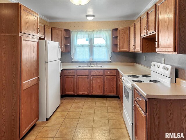 419 S Franklin St, Toulon, IL 61483 - kitchen featuring open shelves, white appliances, a sink, brown cabinetry, and crown molding