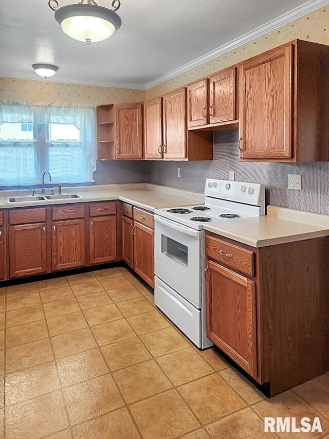419 S Franklin St, Toulon, IL 61483 - kitchen featuring electric stove, a sink, crown molding, light countertops, and open shelves