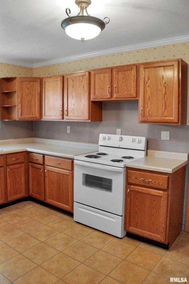 419 S Franklin St, Toulon, IL 61483 - kitchen with white range with electric cooktop, open shelves, light countertops, crown molding, and wallpapered walls