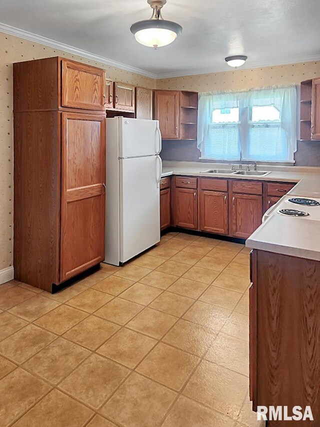 419 S Franklin St, Toulon, IL 61483 - kitchen featuring white appliances, open shelves, a sink, crown molding, and light countertops