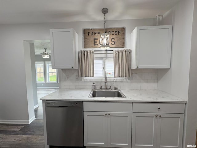 606 Lasalle Blvd, Marquette Heights, IL 61554 - kitchen featuring dishwasher, a sink, dark wood-style floors, and decorative backsplash