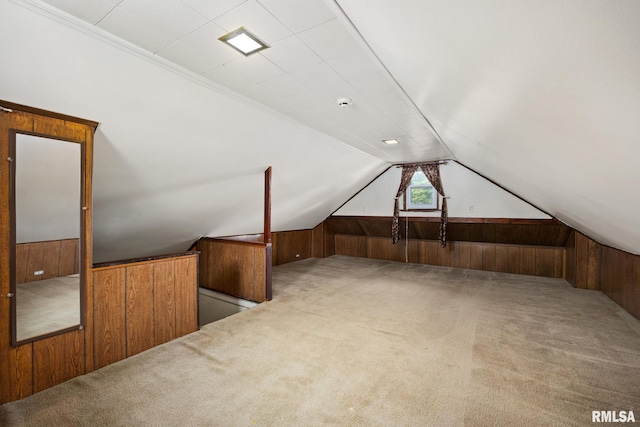 1614 W Columbia Ter, Peoria, IL 61606 - additional living space with wood walls, carpet, and vaulted ceiling