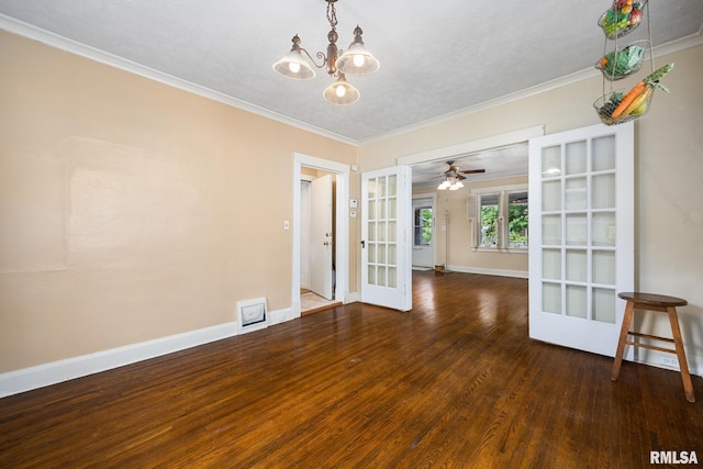 1614 W Columbia Ter, Peoria, IL 61606 - spare room featuring french doors, wood finished floors, a chandelier, baseboards, and ornamental molding