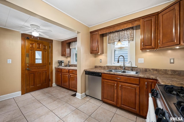 1614 W Columbia Ter, Peoria, IL 61606 - kitchen featuring appliances with stainless steel finishes, a sink, brown cabinets, ornamental molding, and baseboards
