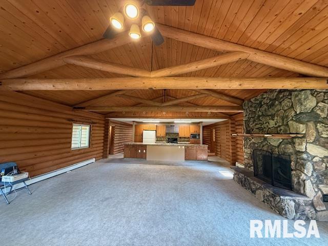 1 Marty Ln, Macomb, IL 61455 - unfurnished living room featuring wood ceiling with exposed beams, high vaulted ceiling, light carpet, ceiling fan, and rustic walls