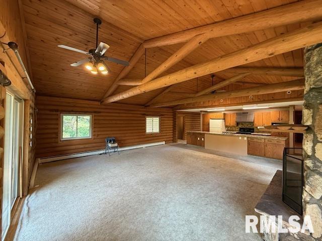 1 Marty Ln, Macomb, IL 61455 - unfurnished living room with a baseboard heating unit, log walls, wooden ceiling, a stone fireplace, and ceiling fan