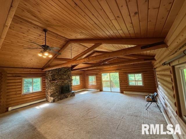 1 Marty Ln, Macomb, IL 61455 - unfurnished living room with a baseboard radiator, wood ceiling, log walls, plenty of natural light, and carpet flooring