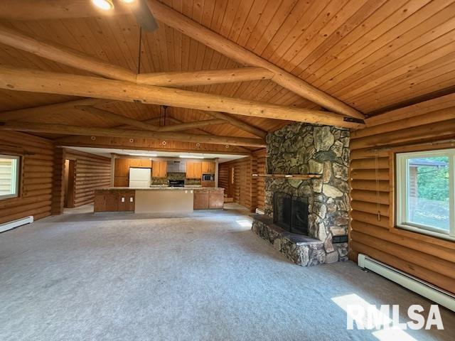 1 Marty Ln, Macomb, IL 61455 - unfurnished living room featuring wooden ceiling, light carpet, log walls, a fireplace, and ceiling fan
