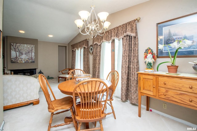 32 Black Partridge Run, Hopewell, IL 61565 - dining space with vaulted ceiling, a chandelier, light carpet, and recessed lighting