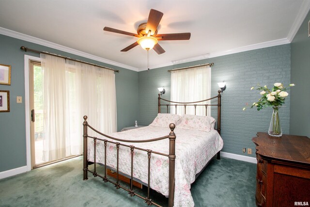 32 Black Partridge Run, Hopewell, IL 61565 - bedroom featuring carpet floors, ornamental molding, brick wall, and a ceiling fan
