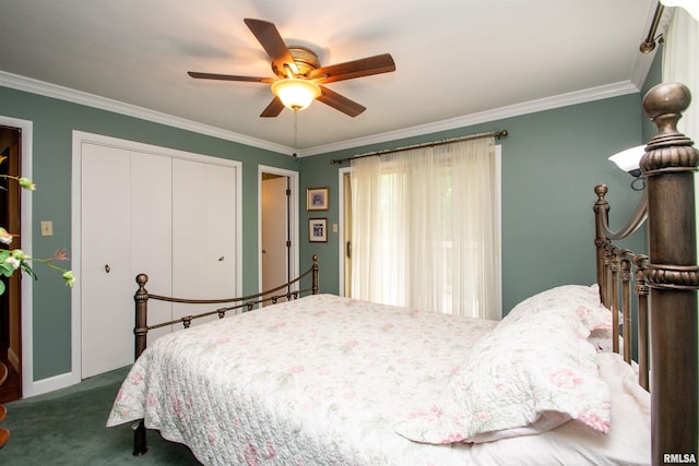 32 Black Partridge Run, Hopewell, IL 61565 - bedroom featuring crown molding, dark colored carpet, ceiling fan, and a closet