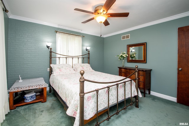 32 Black Partridge Run, Hopewell, IL 61565 - carpeted bedroom featuring ornamental molding, brick wall, and ceiling fan