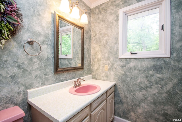 32 Black Partridge Run, Hopewell, IL 61565 - bathroom with vanity, ornamental molding, and a chandelier