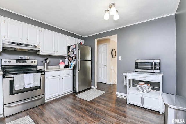 311 Juniper Ln, East Peoria, IL 61611 - kitchen featuring stainless steel appliances, under cabinet range hood, light countertops, crown molding, and white cabinets
