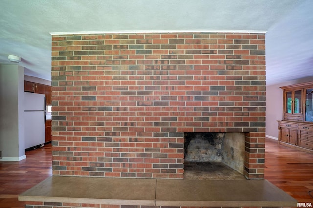 23907 Veterans Rd, Morton, IL 61550 - detailed view of freestanding refrigerator, wood finished floors, a fireplace, and baseboards