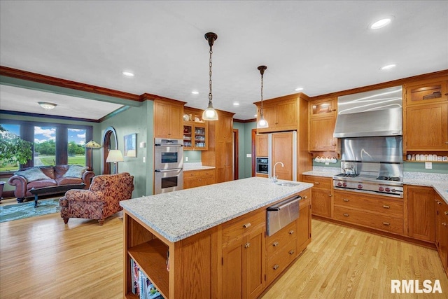 701 E Pearl St, Tremont, IL 61568 - kitchen featuring a warming drawer, stainless steel appliances, wall chimney range hood, light wood finished floors, and ornamental molding