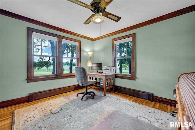 701 E Pearl St, Tremont, IL 61568 - office with plenty of natural light, ornamental molding, wood finished floors, a ceiling fan, and baseboards