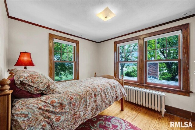 701 E Pearl St, Tremont, IL 61568 - bedroom featuring radiator heating unit, multiple windows, crown molding, and wood finished floors