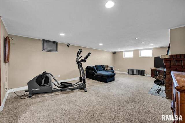 701 E Pearl St, Tremont, IL 61568 - workout area with radiator, recessed lighting, baseboards, and carpet flooring