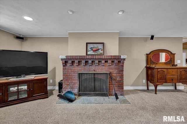 701 E Pearl St, Tremont, IL 61568 - carpeted living room with ornamental molding, a fireplace, baseboards, and recessed lighting
