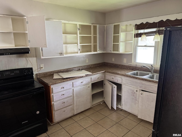4405 Silvis Rd, Bartonville, IL 61607 - kitchen with open shelves, black appliances, under cabinet range hood, light tile patterned floors, and dark countertops