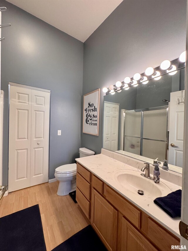 1041 Hawthorn Rdg, Macomb, IL 61455 - full bath featuring a shower stall, vanity, wood finished floors, toilet, and vaulted ceiling