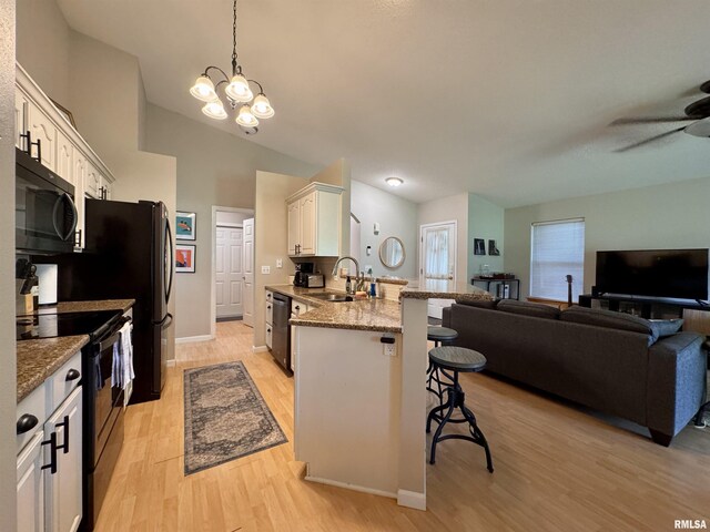1041 Hawthorn Rdg, Macomb, IL 61455 - kitchen with black appliances, a kitchen breakfast bar, a peninsula, and light wood-type flooring