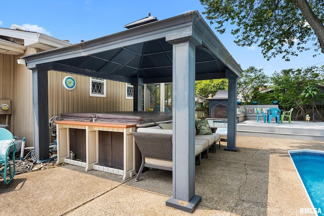 4517 W Hetherwood Dr, Peoria, IL 61615 - view of patio / terrace featuring a gazebo, an outdoor pool, and a fireplace