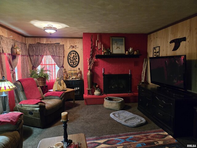 16324 E Cherokee Rd, Cuba, IL 61427 - living room featuring wooden walls, carpet flooring, and a brick fireplace