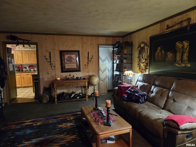 16324 E Cherokee Rd, Cuba, IL 61427 - carpeted living area with wood walls and ornamental molding
