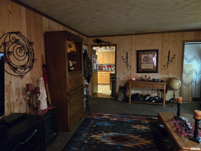 16324 E Cherokee Rd, Cuba, IL 61427 - living area with wood walls, ornamental molding, and carpet floors