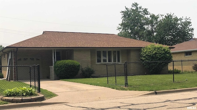4201 S Baker Ln, Bartonville, IL 61607 - ranch-style home with an attached garage, driveway, a shingled roof, and brick siding