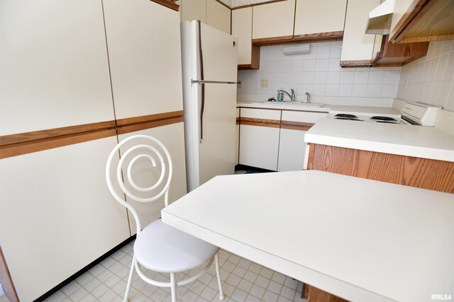 123 SW Jefferson Ave Unit E14A, Peoria, IL 61602 - kitchen featuring freestanding refrigerator, light countertops, a sink, and backsplash